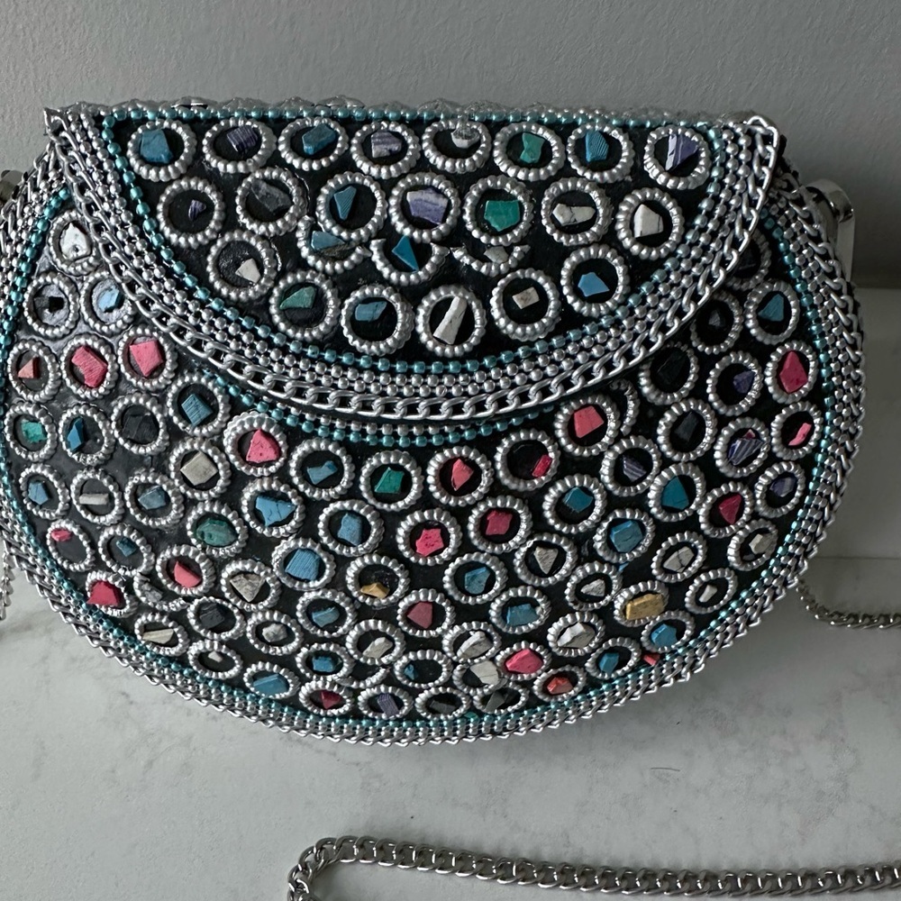 NEW Never Used Ramla Handmade Silver with Multi Colored Mosaic Beaded Clutch - Picture 3 of 8